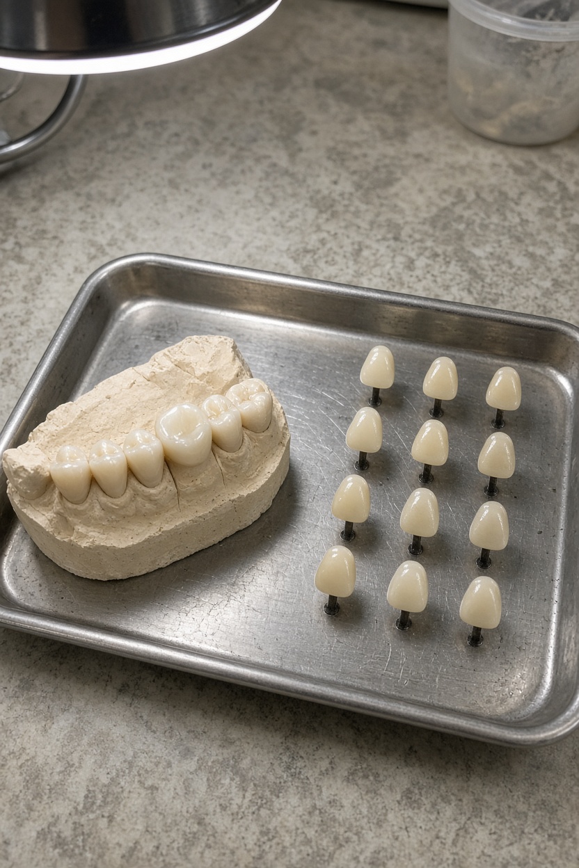 Porcelain crown on a tray beside a shade guide — Teeth Whitening in Dunedin