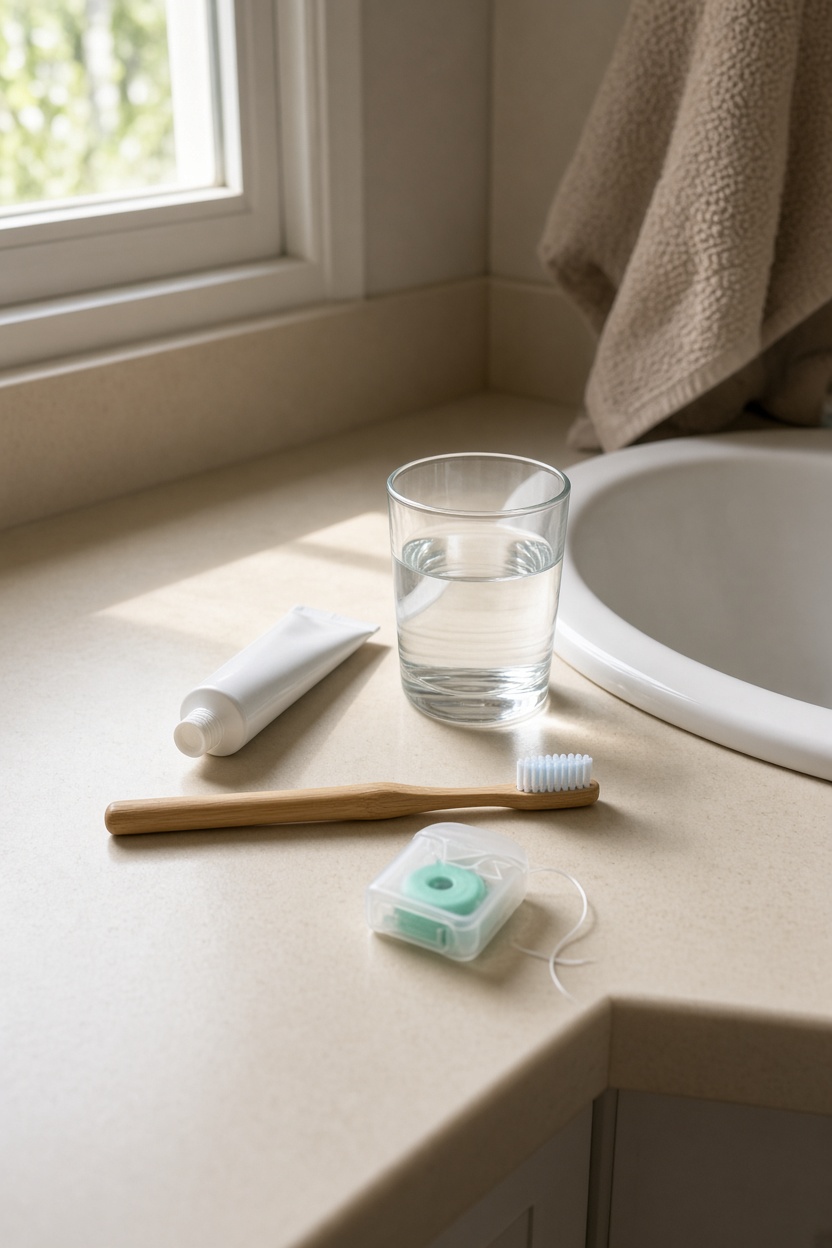 Soft toothbrush and floss on a bathroom counter — Veneers in Belle Terre, Dunedin