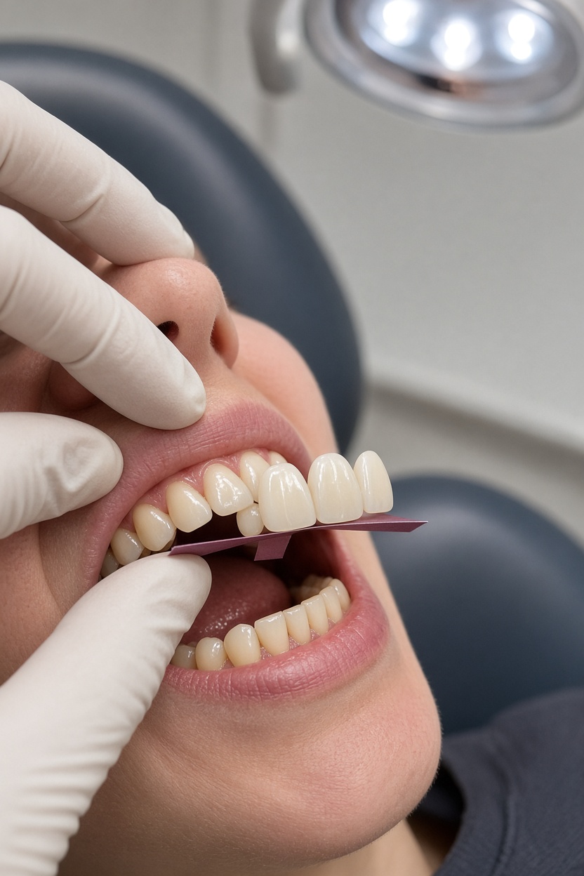 Dentist checking bite after a porcelain veneer bond — Veneers in Dunedin